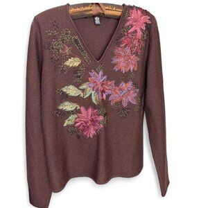 90's Boho Embroidered Wool V-Neck Knit Top